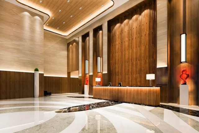 Luxury hotel reception hall lounge restaurant with high ceiling