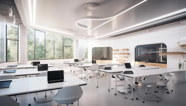 Modern office design with computer technology success generated by ai